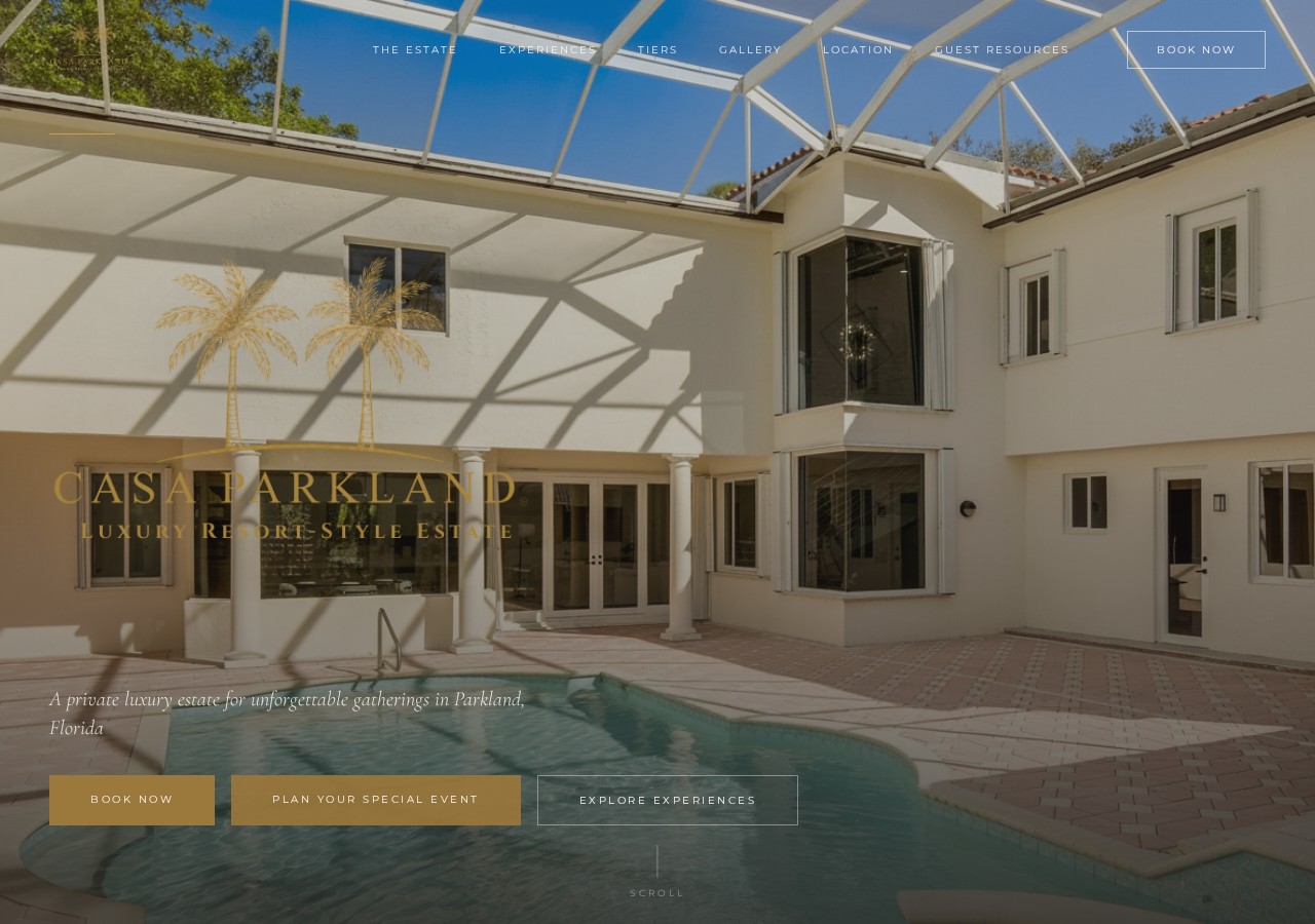 Genuine screenshot of the Casa Parkland homepage captured October 7, 2026, showing its courtyard and existing booking navigation