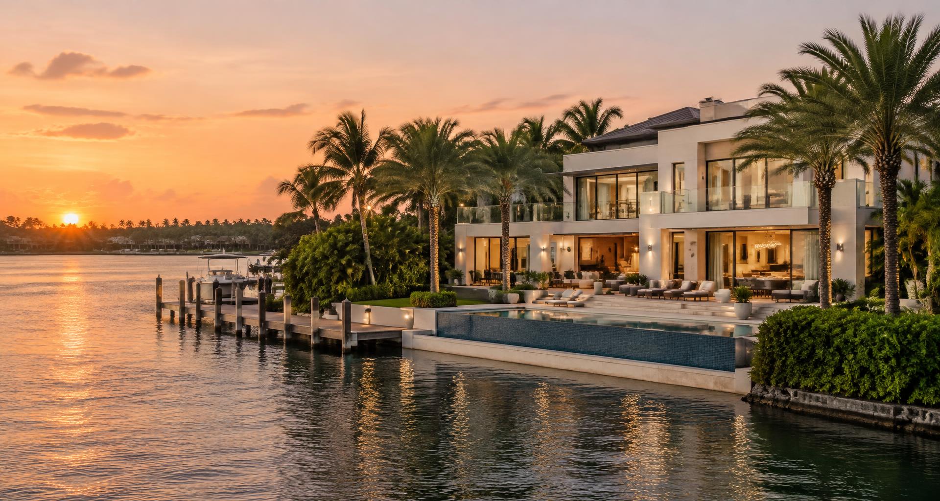 Illustrative Florida waterfront residence with palms and a pool at sunset